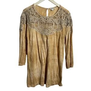 Sundance Top Women M Golden Yellow Crochet Lace Boho 3/4 Sleeve Fall Peasant